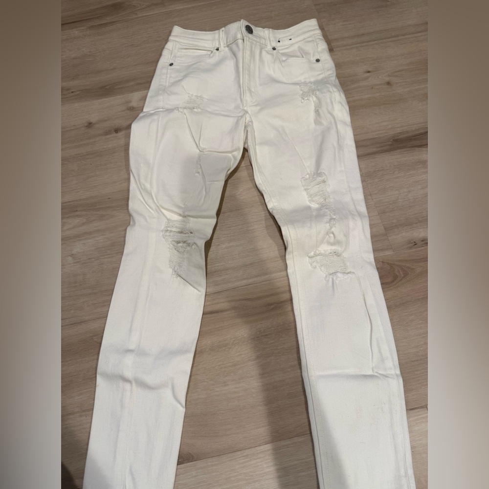 Express Men's Skinny Distressed Cream Jeans